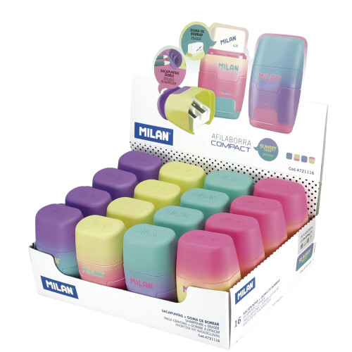 MILAN Compact Sunset Plastic Pencil Sharpener 2 Uses with Eraser Assorted Colours 1