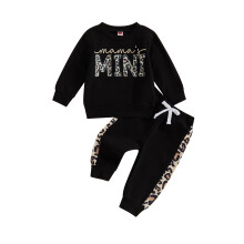 (2-3 Years, Black) Peuter meisjes herfstkleding: trui met lange mouwen en bandjes, 2-delige outfit met luipaardprint.