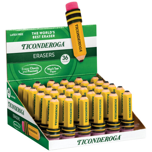 Ticonderoga Erasers, Pencil Shaped, Yellow, 36-Pack (38936) 1