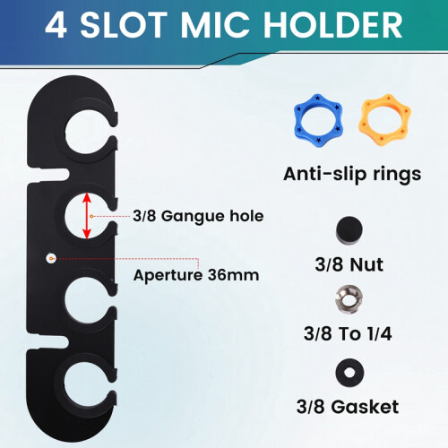 Bandeja para 4 Microfones com Rosca de 3/8 Polegadas, Organizador de Microfones com Anel Antiderrapante e Abertura para Gerenciamento de Cabos