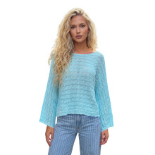 (XL, Blue) Women's Knit Cropped Sweater Elegant Solid Color Long Sleeve Round Neck Loose Fit Crochet Cover Ups for Summer Daily Wear