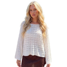 (L, White) Women's Knit Cropped Sweater Elegant Solid Color Long Sleeve Round Neck Loose Fit Crochet Cover Ups for Summer Daily Wear