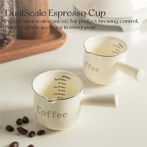 Espresso Cups, Ceramic Measuring Cup, 90ML Cup with Handle, Shot Cup with V-Shaped Mouth, Pitcher for Espresso Making 2