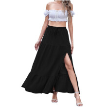 Retro Elastic Waist Skirt with Elegant Pleats and Side-Black XL