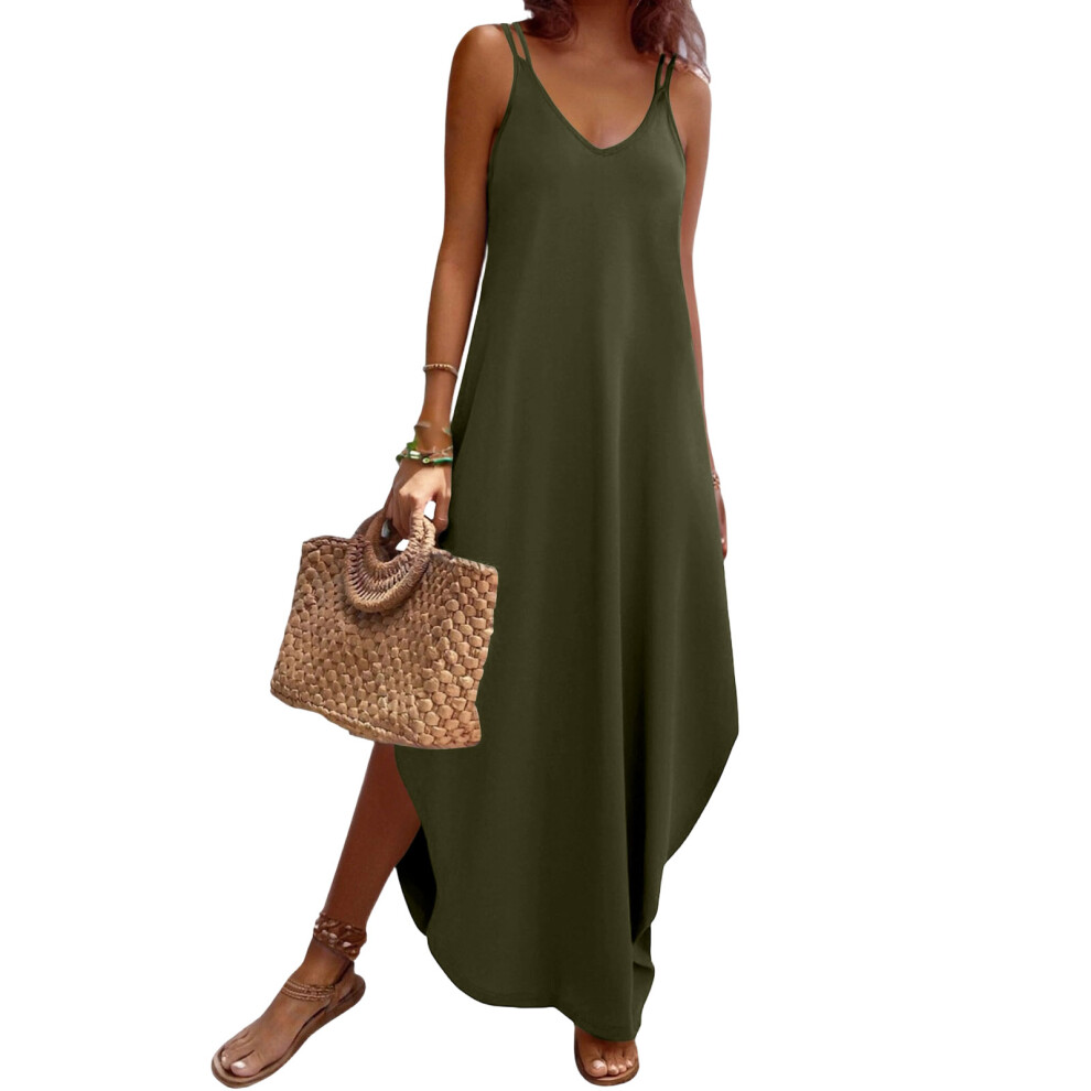 Green Women's Casual Maxi Sleeveless V Neck Split Beach-Army L