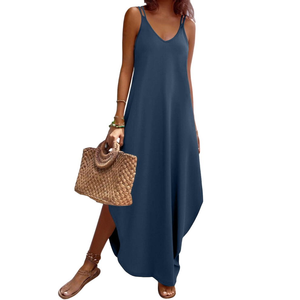 Blue Women's Casual Maxi Sleeveless V Neck Split Beach-Navy Xl