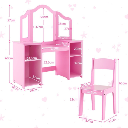 Kinderkaptafel en bureau set met afneembare spiegel, roze