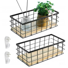 Set of 2 Wire Storage Baskets with Wooden Base, Wall Hanging and Countertop Metal Organizers for Bathroom and Kitchen