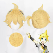 Perruque synthétique Kagamine Rin/Len pour cosplay, 30 cm, courte, jaune doré, résistante à la chaleur.