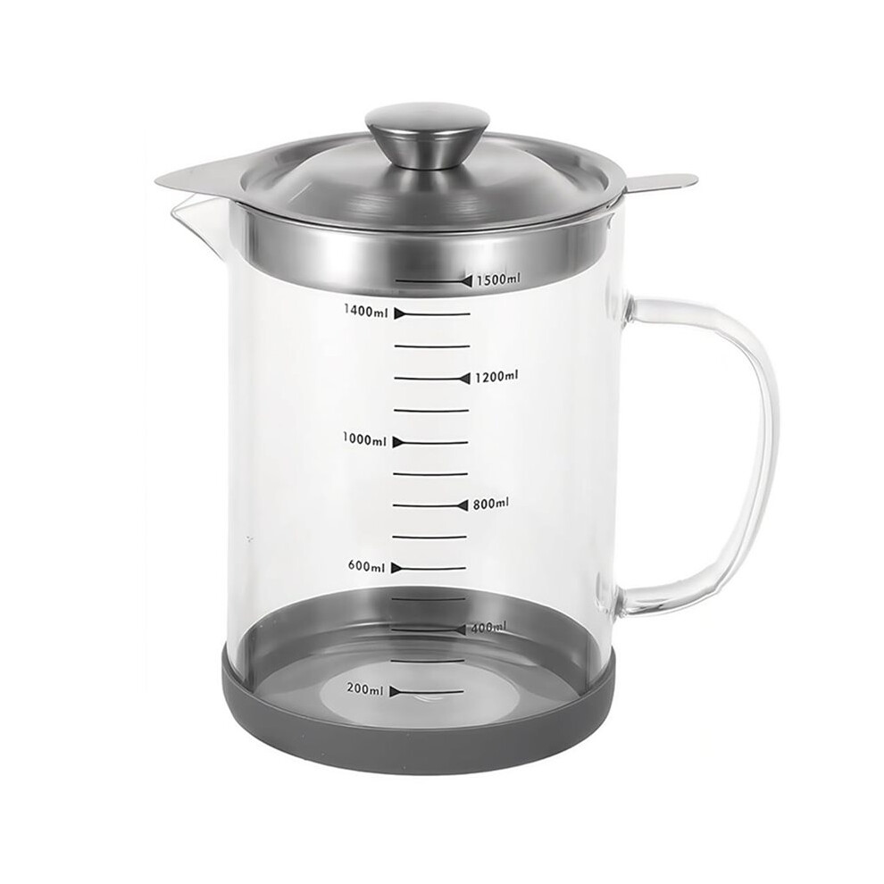 Tauoh Premium 1.5L Bacon Grease Container With Strainer - Stainless Steel Filter, Borosilicate Glass, Non-Slip Base