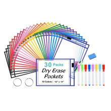 30 Pack Dry Erase Pockets with 2 Rings, 10 Assorted Colors 10x14 Oversized Reusable Plastic Sleeves