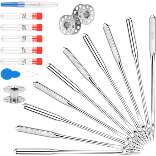 100 Pcs Universal Sewing Machine, 5 Size with Bobbin, Threader, Ripper, Compatible