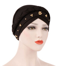 (Black) Summer Ethnic Hat Round Top Polyester Beaded Embroidered Women Headwear For