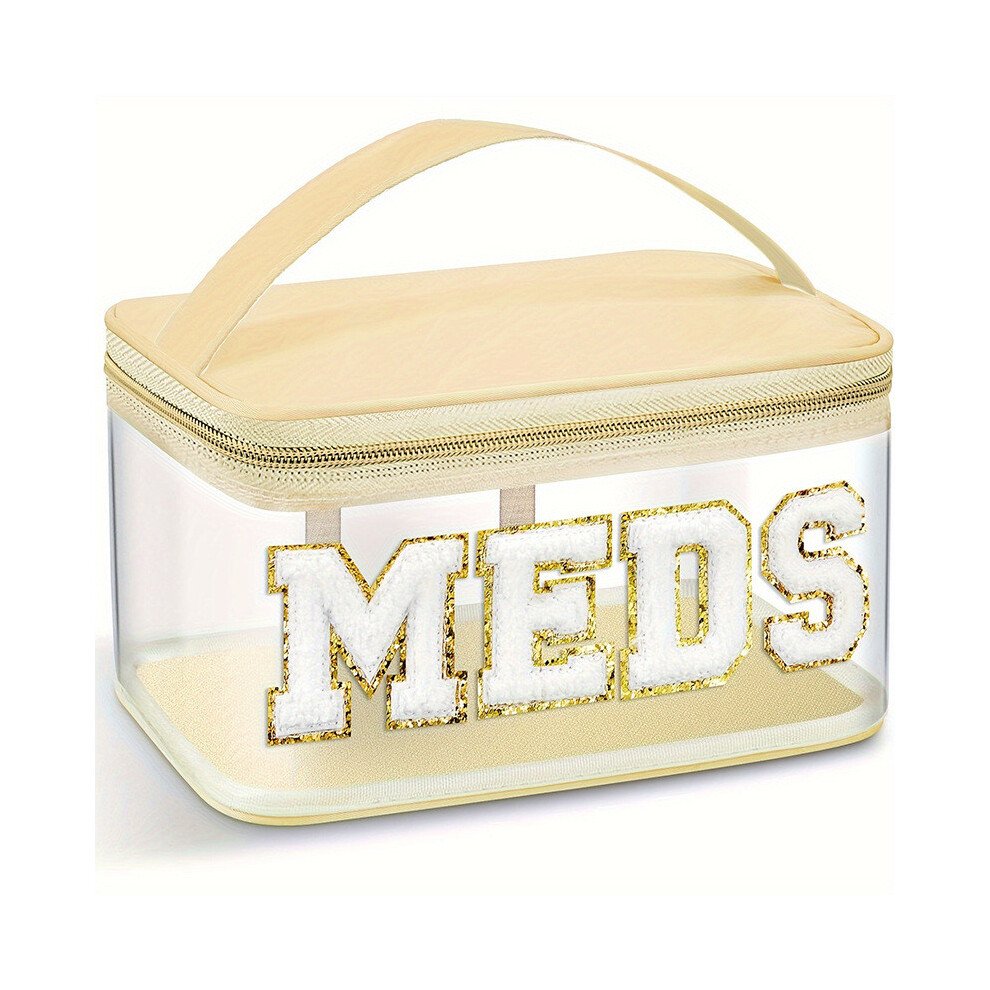 Beige (Beige) Pvc Capacity Large Cosmetic Bag With Embroidered Design For Travel Use Daily And