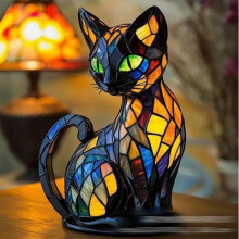 Stained Glass Style ResinCat LED Night Light -Hand-Painted ArtisanDecor for Home