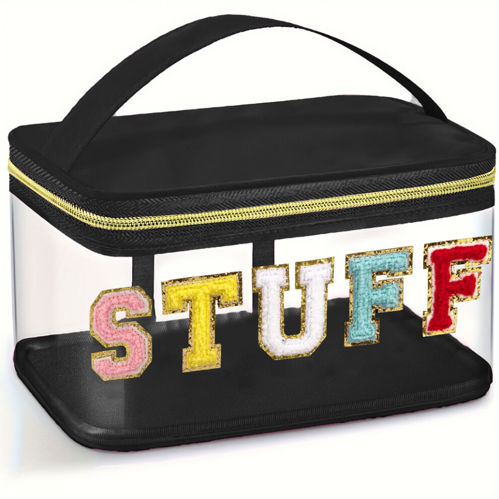 Black (Black) Pvc Large Capacity Cosmetic Bag With Embroidered Design For Travel And Use Daily