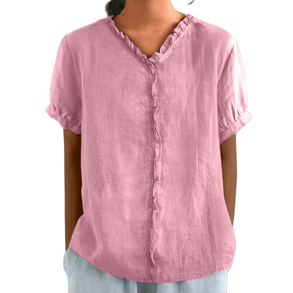 Pink Women Short Sleeve Crewneck Color Casual Lightweight- Xxxl