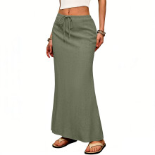 Linen Flared Maxi Skirt with Back Slit - Elastic Waist-Green M