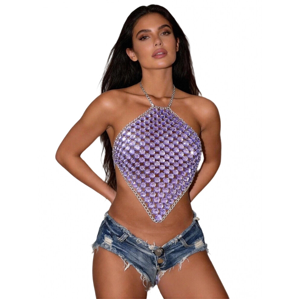 Purple (One Size, ) Rhinestone Chain Halter Vest Tops Sparkling Backless Body Chain Jewelry For Women Rave Nightclub Party Outfit