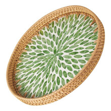 Round Rattan Serving Tray - Handmade Woven Basket Trays with of Pearl Inlay with Base Decorative Wicker Basket
