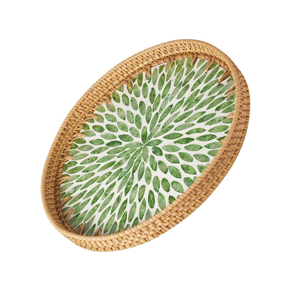 Round Rattan Serving Tray - Handmade Woven Basket Trays With Of Pearl Inlay With Base Decorative Wicker Basket Tauoh