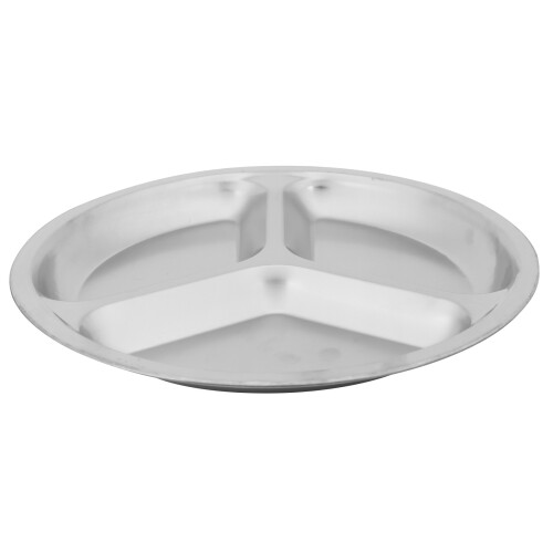 2X Stainless Steel 3 Sections Round Divided Dish Snack Dinner Plate Diameter 24Cm
