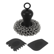 Cast Iron Chainmail Scrubber + Pan Scraper, Stainless Steel Skillet Cleaner, Scraper Tool for Cast Iron Pans Black