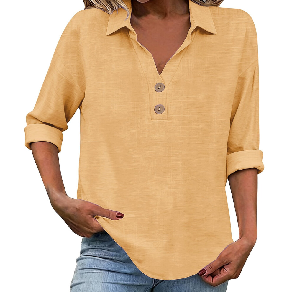 Yellow Women's Linen Top With Three-Quarter Sleeves, Casual- M