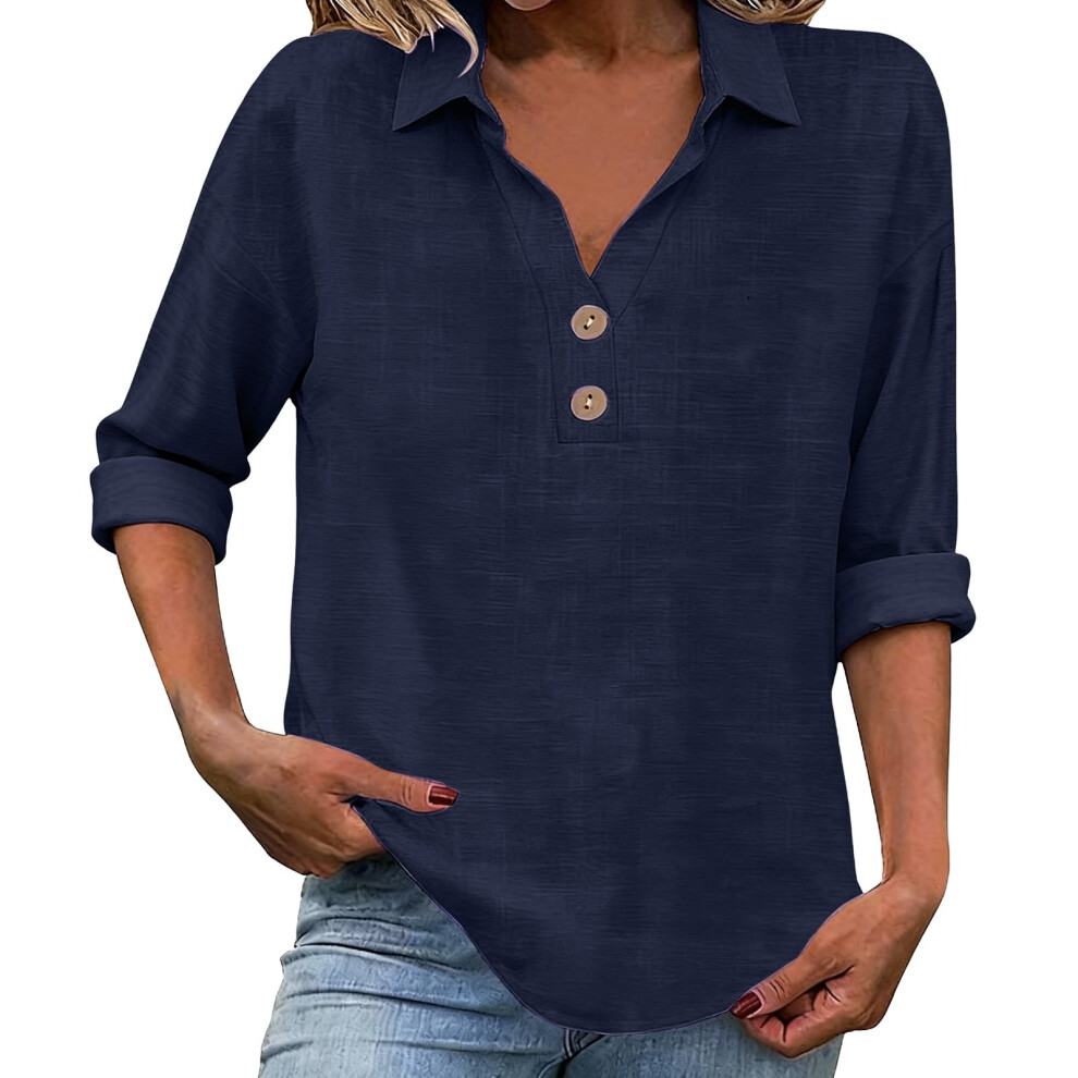 Blue Women's Linen Top With Three-Quarter Sleeves,-Navy Xxl