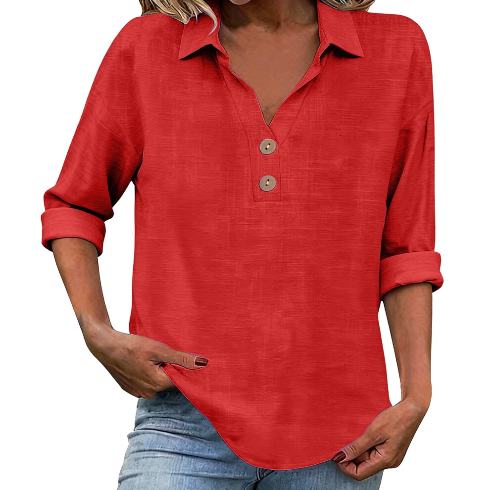 Red Women's Linen Top With Three-Quarter Sleeves, Casual- Xxl