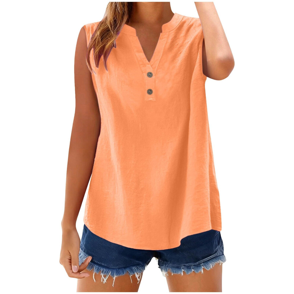 Orange Womens Sleeveless Linen Shirts Button Down Cotton V- L