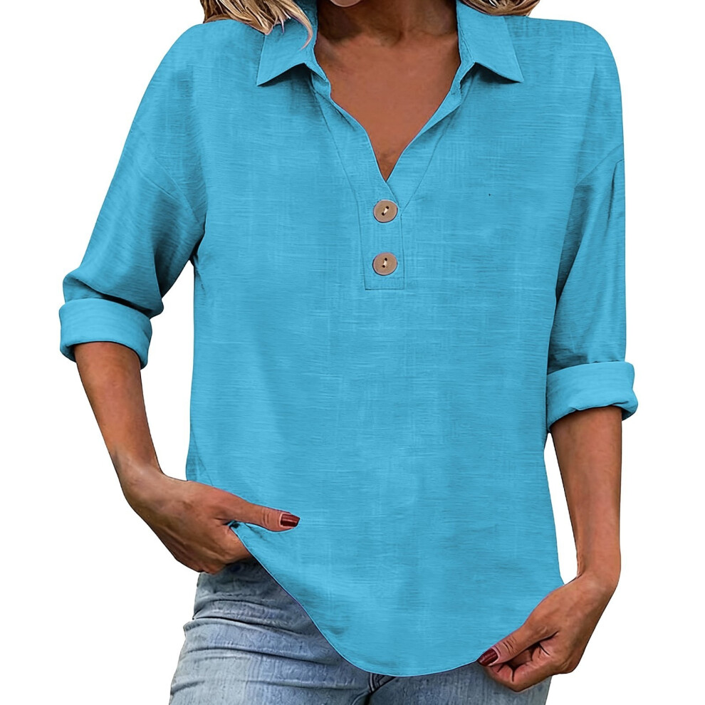 Blue Women's Linen Top With Three-Quarter Sleeves, Casual- Xxl