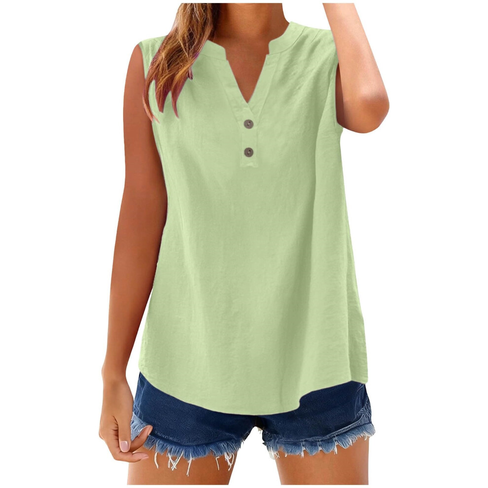 Light/Green Womens Sleeveless Linen Shirts Button Down- Xl