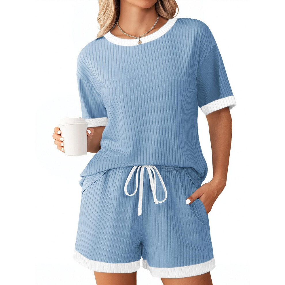 Women's Ribbed Knit Sets, Short Sleeve Top and-Sky Blue XL
