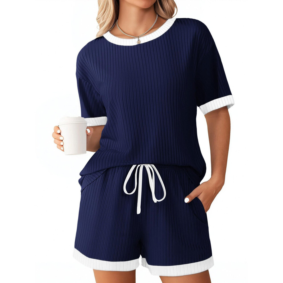 Women's Ribbed Knit Sets, Short Sleeve Top and-Navy Blue M