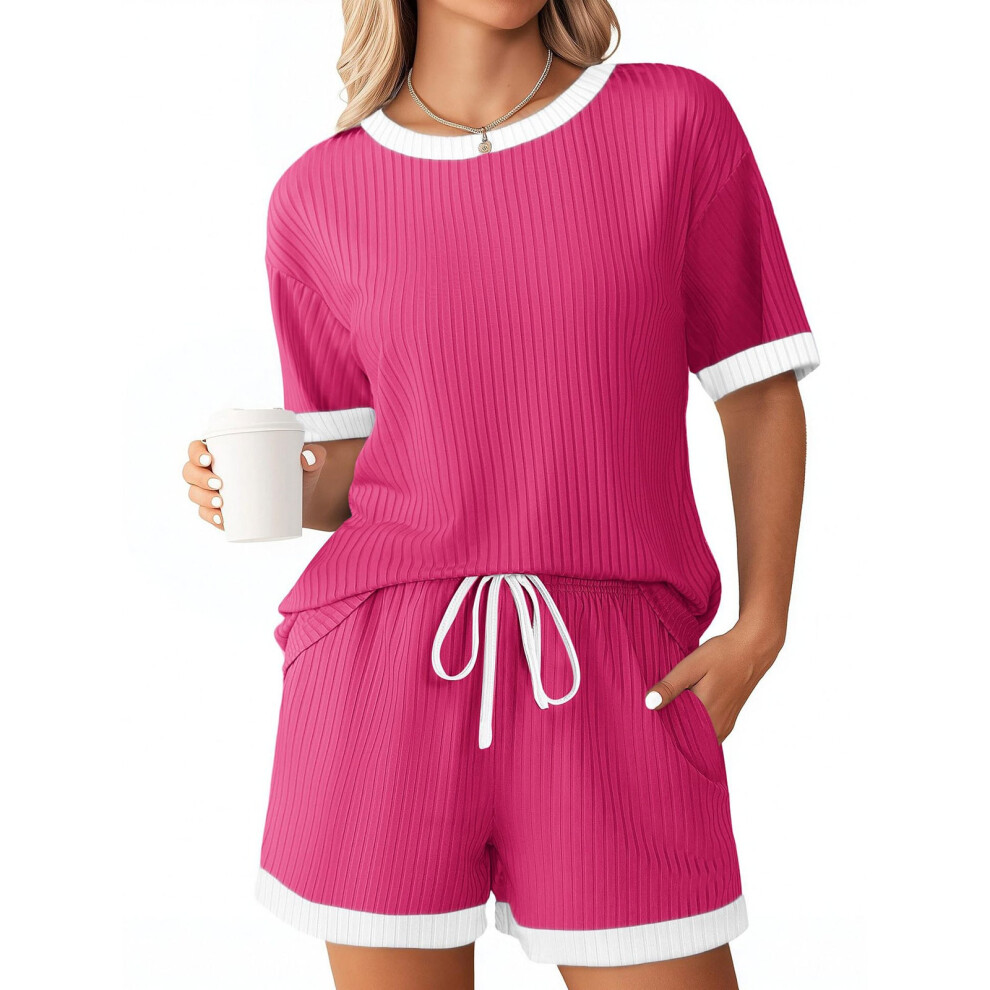 Women's Ribbed Knit Sets, Short Sleeve Top and-rose red S