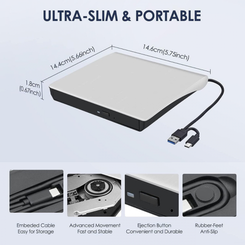 Brushed External DVD Burner USB3.0 - Portable CD/DVD Player Optical Drive for Laptop & Desktop - 2