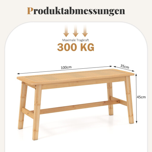 Banco de comedor de bambú con asiento de ratán, 100 cm, color natural 1