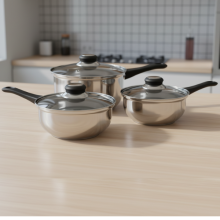 3 Pcs Stainless Steel Saucepans Glass Lid 14"16"18cm