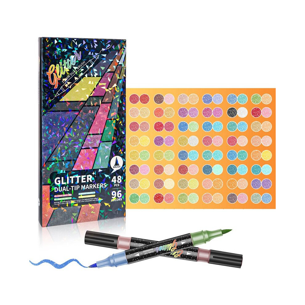 Tauoh Glitter Effect Brush Markers For Doodle Writing, Dual Tip Dual Color Shimmer 96 Colors
