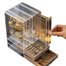A Clear Earring and Necklace Display Case, Vintage Plastic Storage Case with Drawers for Bracelets, Rings and Accessorie