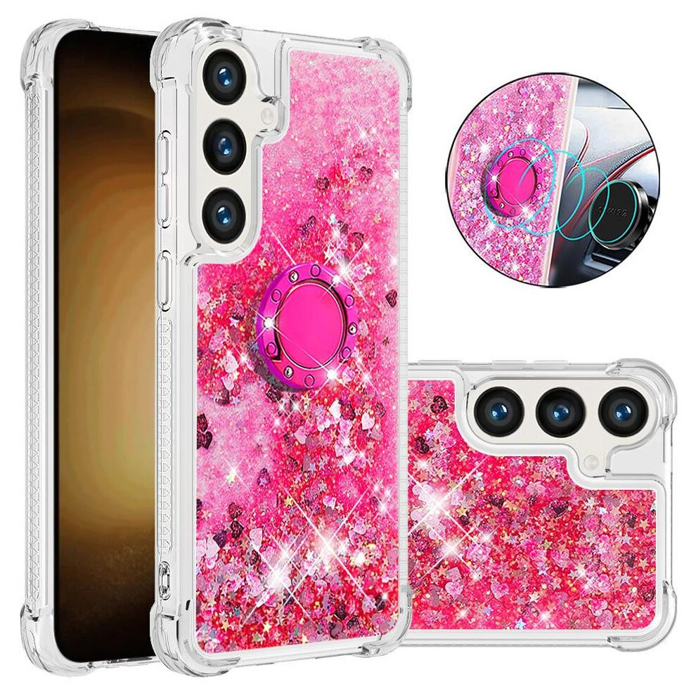 (Rose ) Phone Case For Samsung Galaxy S24 Fe With Ring Kickstand Ring Kickstand Shockproof Protection Sparkling Sand Flow Red 764563357871