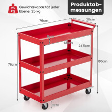 Metalen gereedschapswagen met 3 etages en handvat - Rood