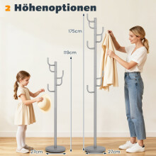 Garderobenständer, 175 cm, 8 Haken, höhenverstellbar, silber