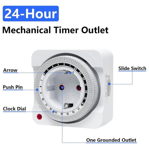Mechanical Timer Socket for Seasonal Lighting, 24-Hour Analog Control with 96 /Off Programs EU Plug 2