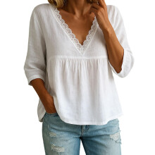 Womens 3/4 Sleeve Lace Trim V Neck Ruffle Shirts-White XXXL