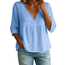 Womens 3/4 Sleeve Lace Trim V Neck Ruffle Shirts-Sky Blue M