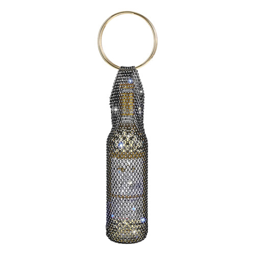 Stylish Metal Handle Wine Pouch Mesh Embedded Rhinestones-Black