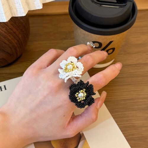 Stylish Acrylic Beaded Flower Ring Handcrafted With-White 2