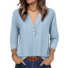 Damen-T-Shirts, halbe Ärmel, V-Ausschnitt, Baumwolle-Blau 5XL